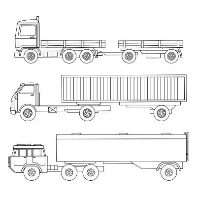 一组直线画的重型卡车。汽油油轮。拖车卡车，集装箱。矢量图