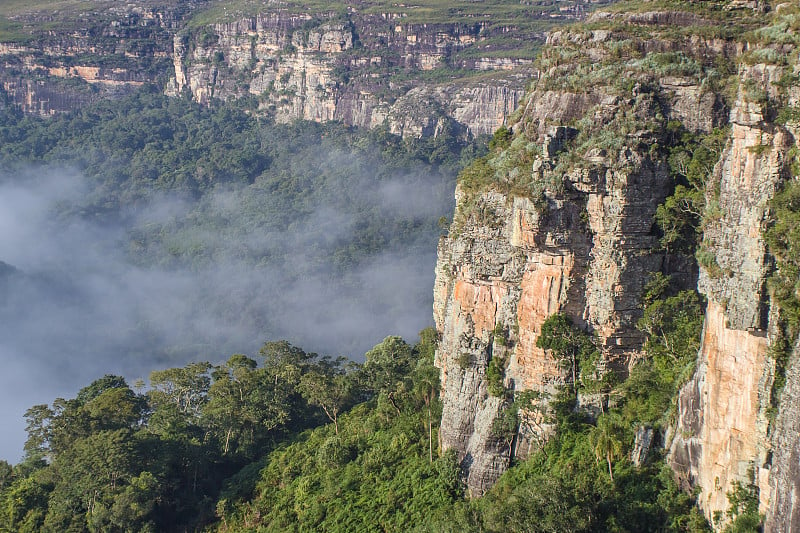 在巴西Tibagi/ Parana的世界上第六大峡谷Guartela峡谷，晨雾缭绕