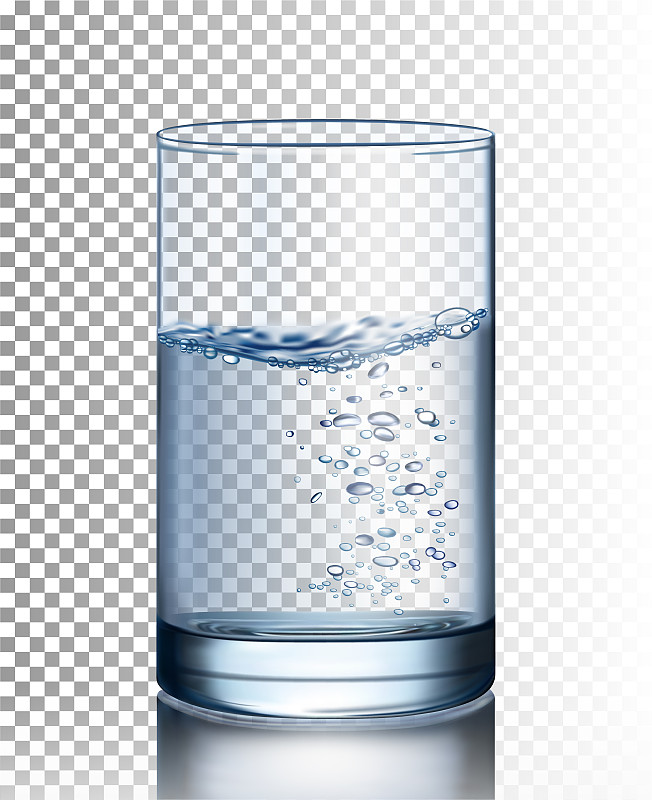 透明背景上有气泡的一杯水。矢量图