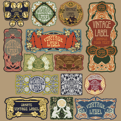 vector vintage items:标签Art Nouveau