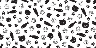 猫鱼无缝图案爪子向量印花布小猫鲑鱼金枪鱼围巾孤立的卡通重复墙纸瓷砖背景插图