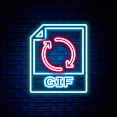 发光的霓虹灯线GIF文件文件。下载gif按钮图标隔离砖墙背景。GIF文件的象征。色彩斑斓的轮廓的概念