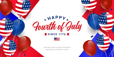 美国7月4日快乐，自1776年以来的美国独立日问候设计在促销广告横幅模板宣传册，海报与气球。矢量图