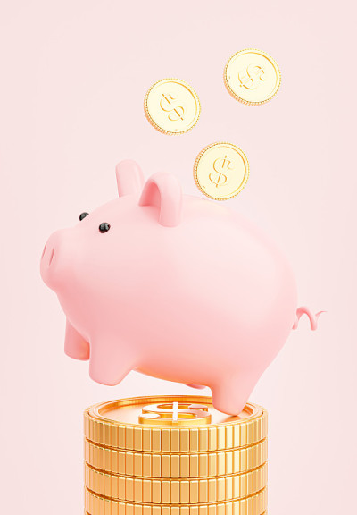 3d渲染的粉红色储蓄罐与金币堆叠存钱的概念