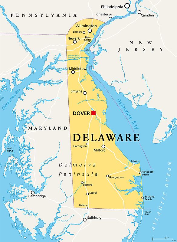 Delaware, DE, political map, The First State