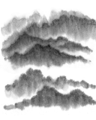 背景与山脉。墨山。黑白图像。水墨中国山水。山在雾中。山上有树。墨水的形象。松树。山,峰