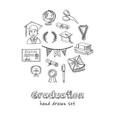 Graduation hand drawn doodle set. Vector illustrat