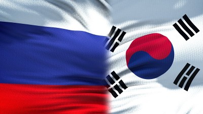 俄罗斯和韩国旗帜背景，外交和经济关系