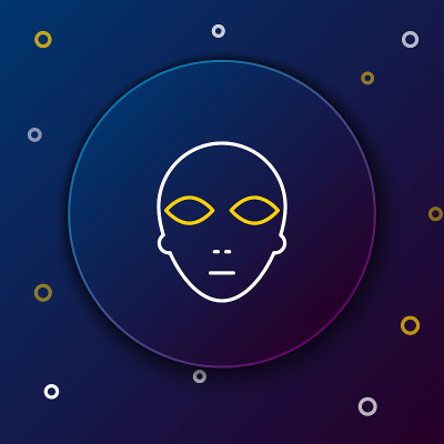 线异形图标隔离在蓝色背景。外星人的脸或头标志。色彩斑斓的轮廓的概念。向量