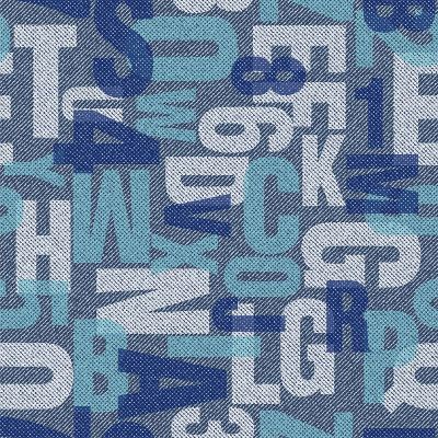 Letters pattern on blue denim background.