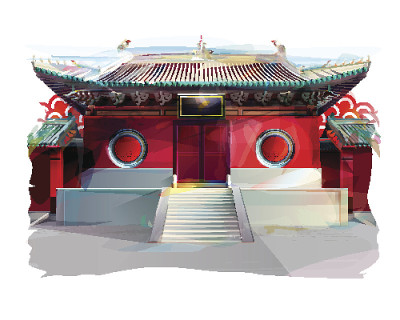 中国的寺庙。水彩插图