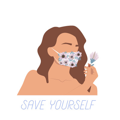 女人在白色医疗面罩与鲜花。