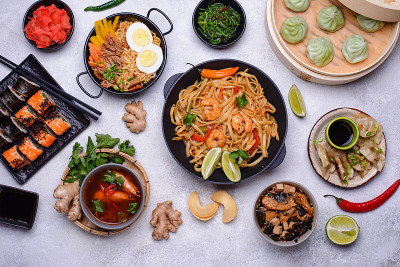 亚洲食品。中国菜、日本菜和泰国菜