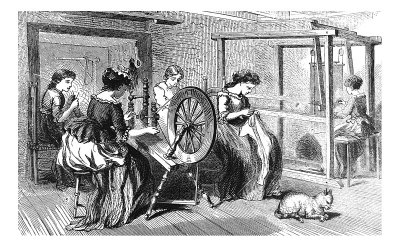 一世纪的美国插图——1873年——一群妇女在一起编织和缝纫