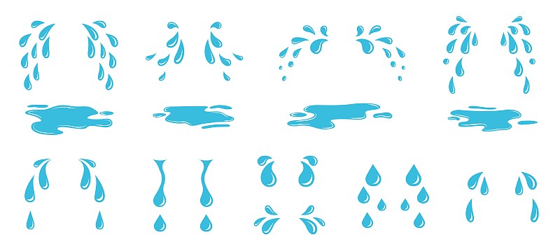 卡通的眼泪。扁平的水滴，一滴汗珠或泪珠。孤立的蓝色雨元素，雨滴和水坑。绝望情绪的精确向量集
