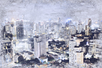 油画背景上的夜城和城市办公楼。