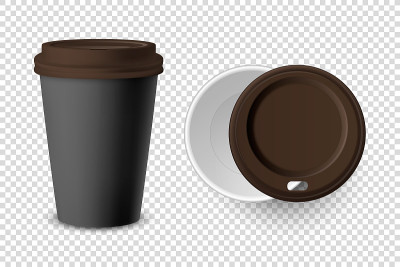 向量3d现实黑色一次性关闭和打开的纸，塑料咖啡杯的饮料与棕色盖设置特写孤立在透明的背景。设计模板模型