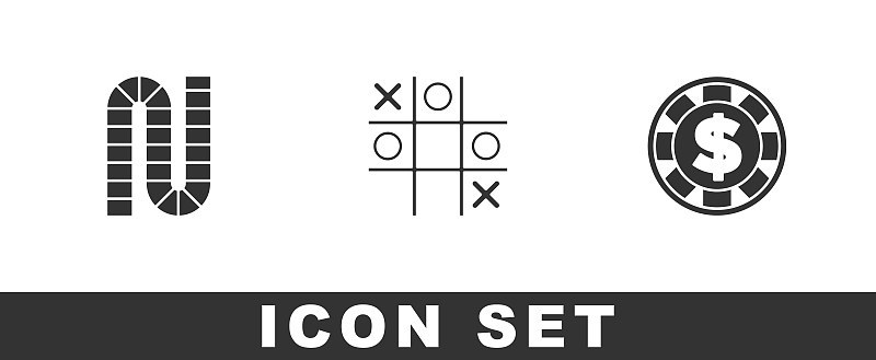 设置棋盘游戏，Tic tac toe和赌场筹码与美元图标。向量