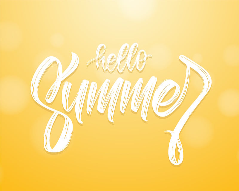 矢量插图:手写字体Hello Summer在阳光下模糊的背景上。