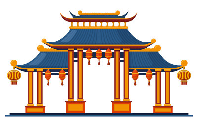 中国传统入口。亚洲传统建筑宝塔门孤立矢量插图。东方入口挂灯笼