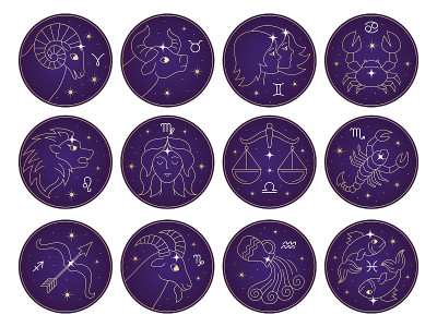 星座字符。黄道星座天蝎座巨蟹座秤牛座射手座双子座狮子座最近收集矢量符号