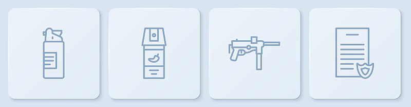 设武器油瓶，冲锋枪M3，胡椒喷雾器和枪支许可证。白色正方形按钮。向量
