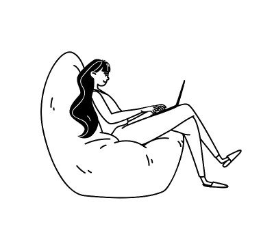 手绘的年轻女子在一个舒适的软椅子上工作。黑色在白色的轮廓矢量插图的一个女孩在房子拖鞋与膝上的笔记本电