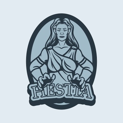 古希腊著名的神与女神的神话卡通。希腊女神赫斯提亚。古希腊神。灶台，家庭，家的处女女神。神话。神的神话