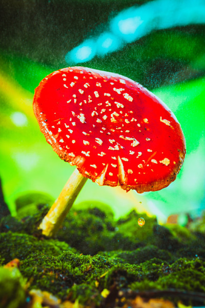 美丽的红色与白色斑点蘑菇上的苔藓