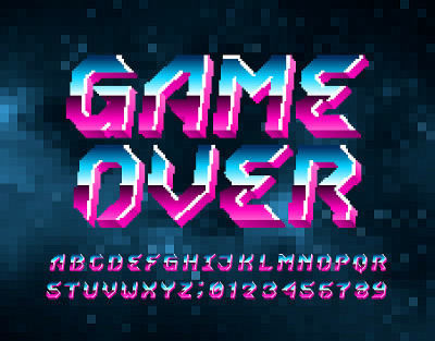 Game Over字母字体。像素字母、数字和符号。数字的背景。