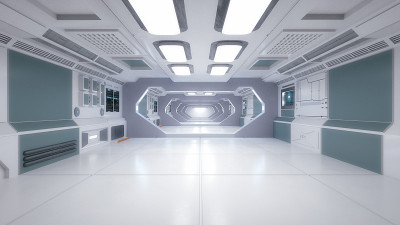 3 d渲染。未来太空飞船走廊室内设计