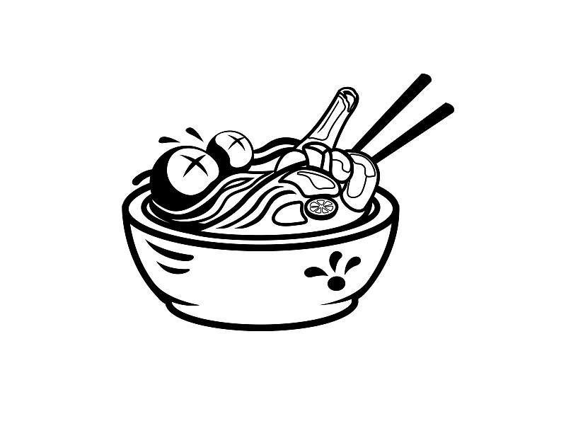 肉丸面碗印尼街头食品标志吉祥物插图轮廓风格向量