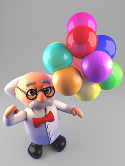 用派对气球，3d插图来庆祝疯狂的科学家教授