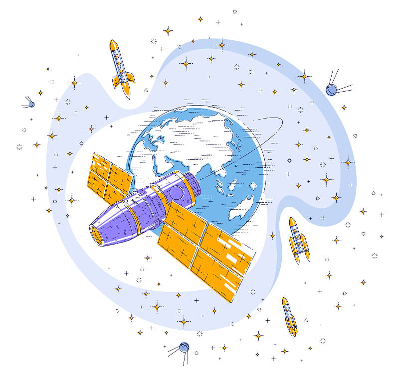 空间站绕地球运行，航天飞行，宇宙飞船飞船iss与太阳能电池板，人造卫星，与火箭，星星等元素。细线三维