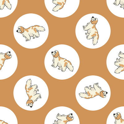 手绘可爱可卡犬幼犬和犬种无缝矢量图案。有爪子背景的纯种纯种家犬。爱狗人士英国狩猎宠物全印。狗狗。每股