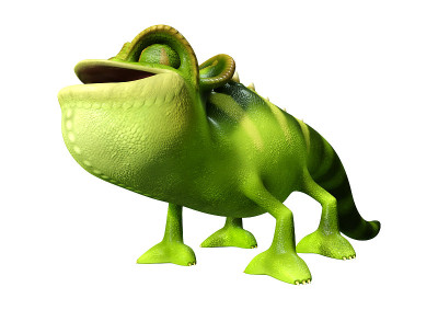 3D插图绿色卡通变色龙在白色