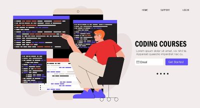 程序员在电脑上进行网页开发。python, javascript, PHP, HTML, CSS脚本