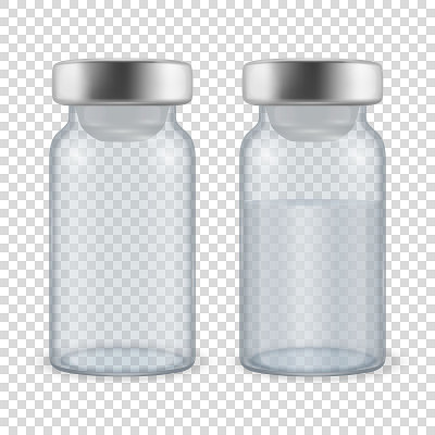 矢量3d逼真的瓶疫苗图标设置特写隔离在透明的背景。药物安瓿设计模板，剪贴画，模型。接种疫苗的概念。前
