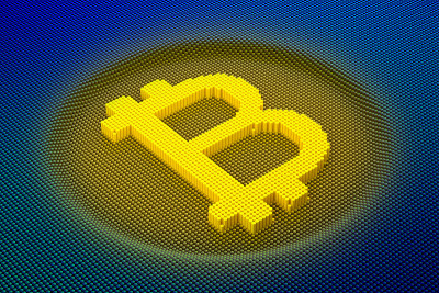 像素比特币符号由立方体，马赛克模式，3D渲染