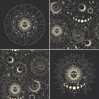 矢量插图的月相。不同阶段的月光活动在复古雕刻风格。星座
