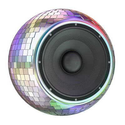 镜子迪斯科球与扬声器内，3D渲染孤立的白色背景