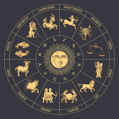 黄道星座的圆与太阳和新月，矢量画在雕刻风格。黄道轮与占星符号在黑色的背景，手绘插图。