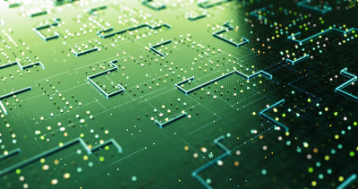 高科技未来AI处理器。实时处理数据。人工智能。3D渲染