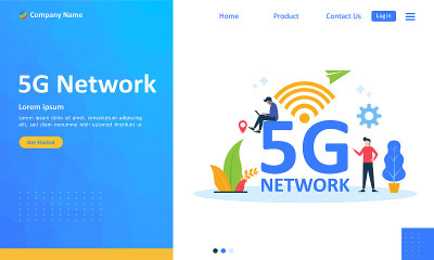 5G网络互联网移动无线经营理念，适合网页登陆页，ui，手机app，横幅模板。矢量图