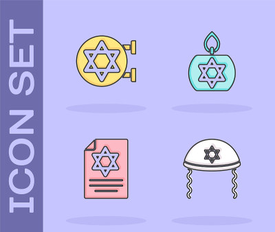 设置犹太的kippah，犹太会堂，Torah卷轴和燃烧的蜡烛图标。向量
