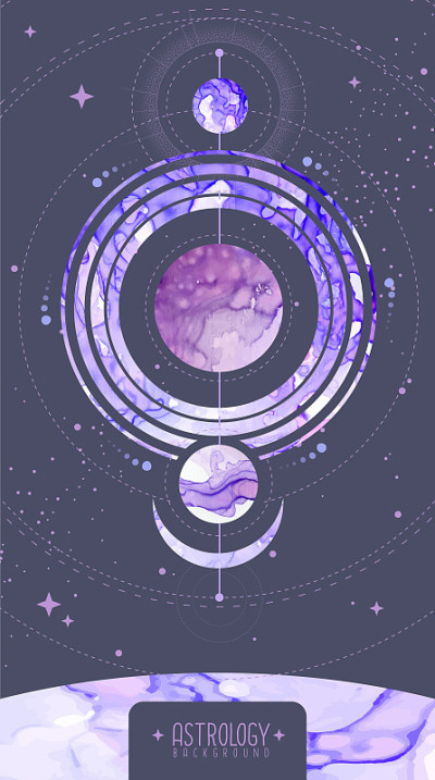 现代魔法魔法卡与行星外太空。酒精墨水神秘插图