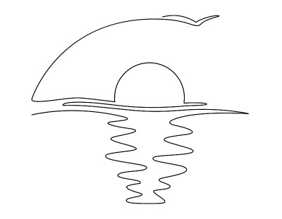 海上的日落。单连续线图。矢量插图。在白色背景上隔离