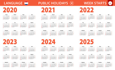 荷兰语2020-2025年日历，周日开始一周。