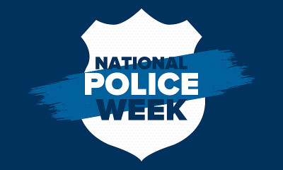 国家警察周。每年在美国庆祝。向警察英雄致敬。警徽和爱国主义元素。军官阵亡将士纪念日。海报、卡片,横幅