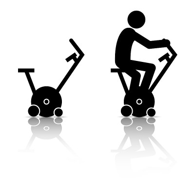 Stick figure with exercise bike。生活方式概念，矢量插图。
